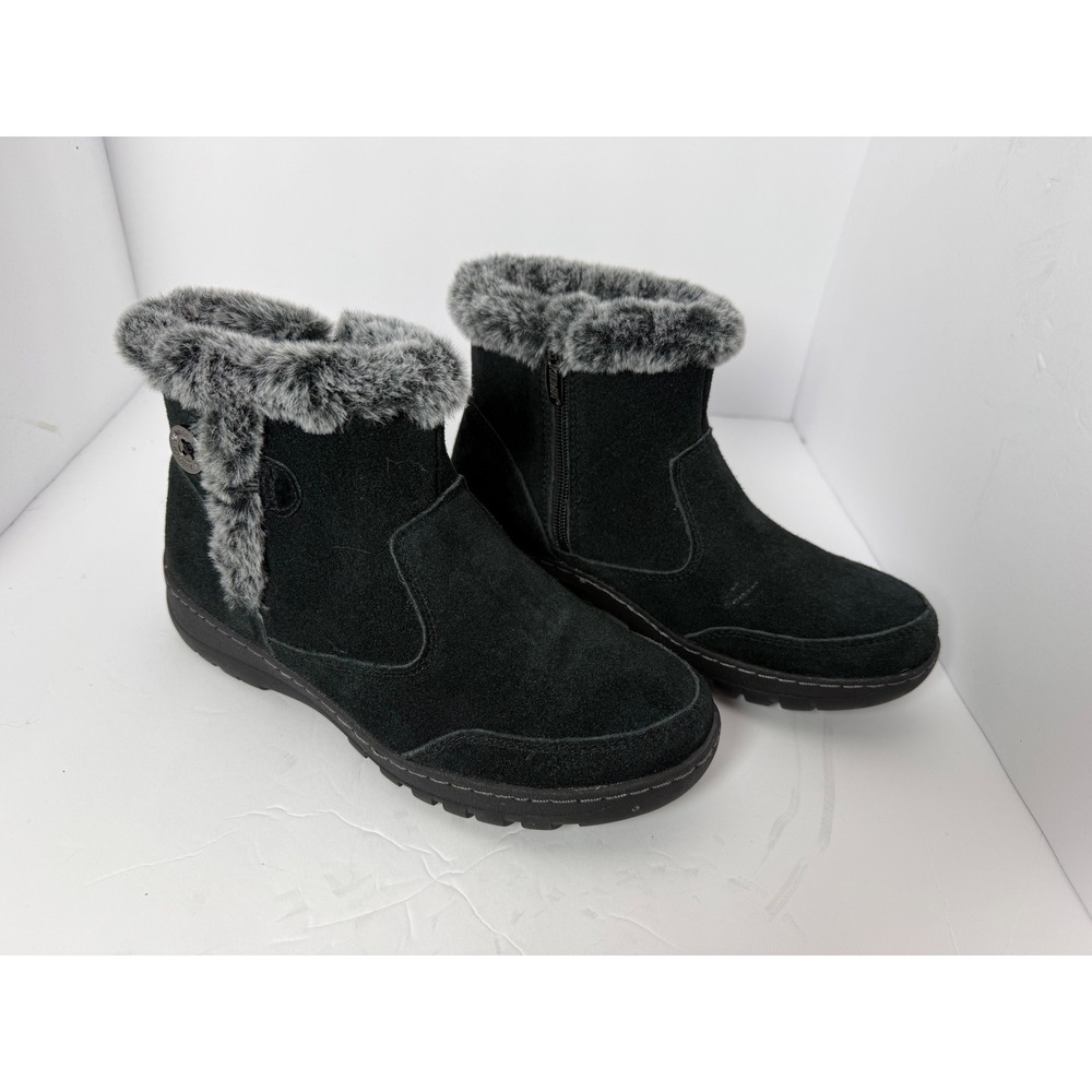 Khombu Iris Black Suede Faux Fur Trim Winter Ankle Boots Womens 8M Side Zip